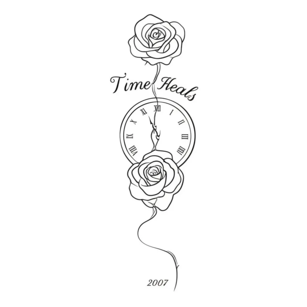 Minimalist Rose and Broken Clock Tattoo: Time Heals Design Minimalist Rose and Broken Clock Tattoo: Time Heals Design