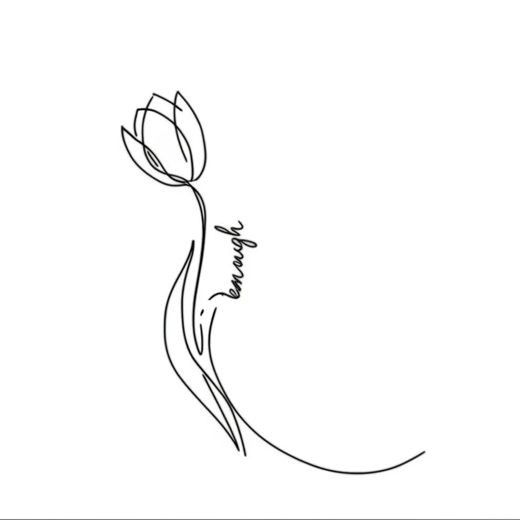 Minimalist Tulip Tattoo with 'Enough' Script Under Breast