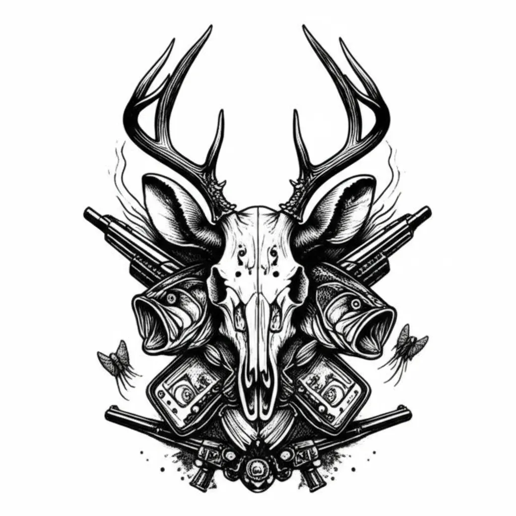 Gothic Deer Skull Tattoo with Bass, Guns, and Video Games Gothic Deer Skull Tattoo with Bass, Guns, and Video Games