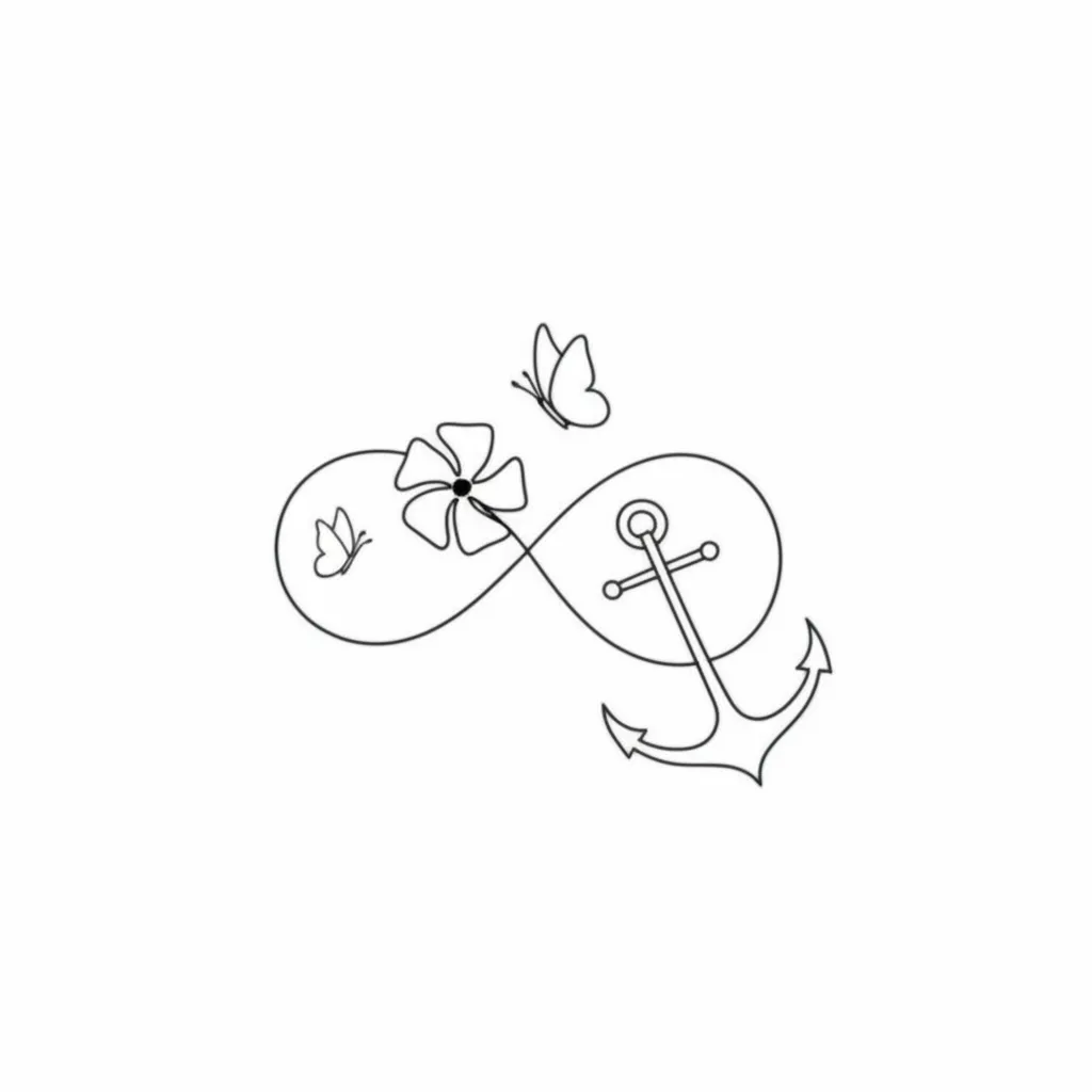 Minimalist Infinity Anchor Tattoo with Vinca Flower and Butterflies Minimalist Infinity Anchor Tattoo with Vinca Flower and Butterflies