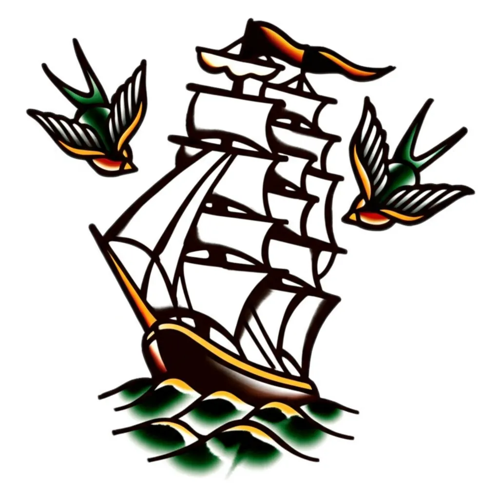 American Traditional Clipper Ship Tattoo with Swallows