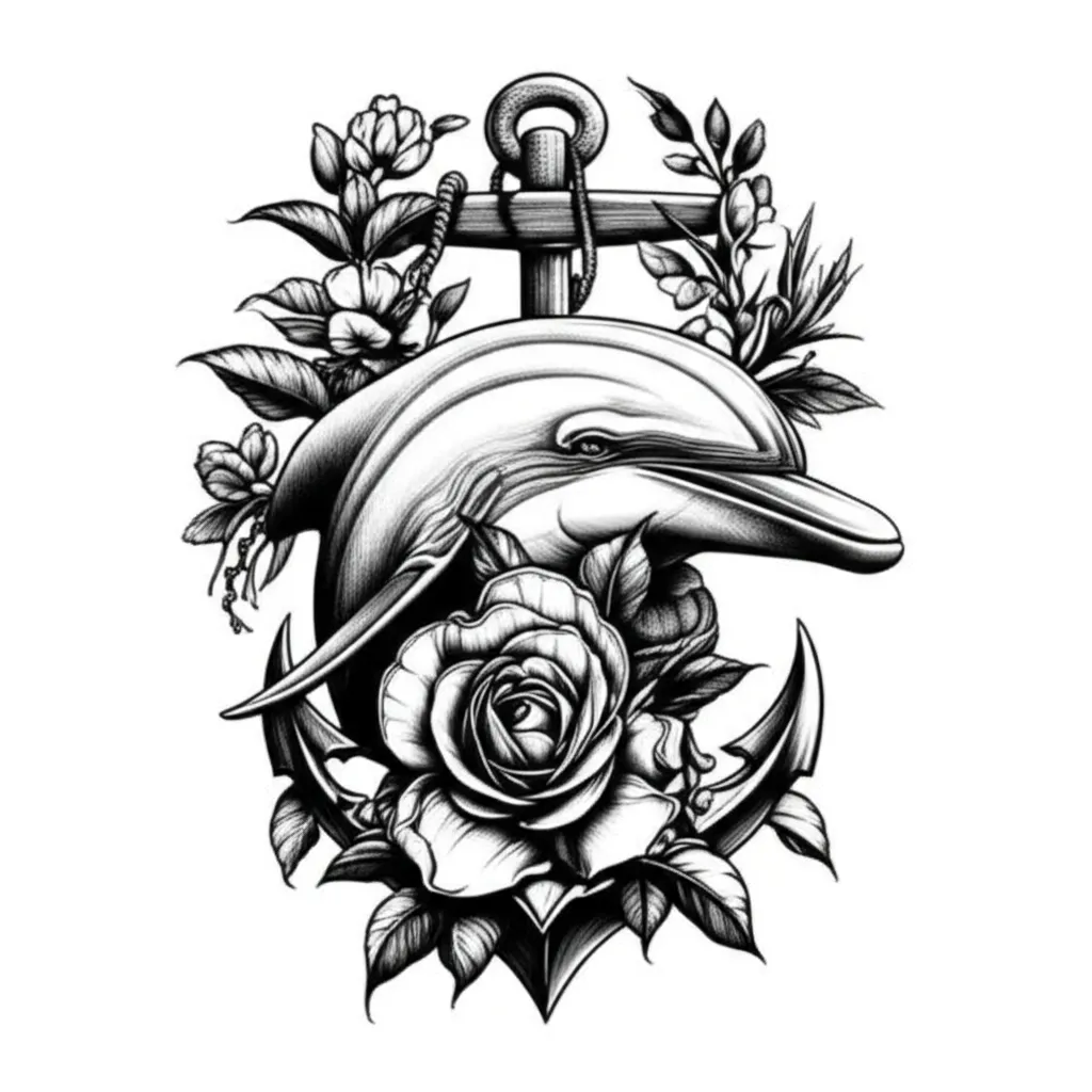 Illustrative Dolphin, Anchor, and Rose Tattoo Design
