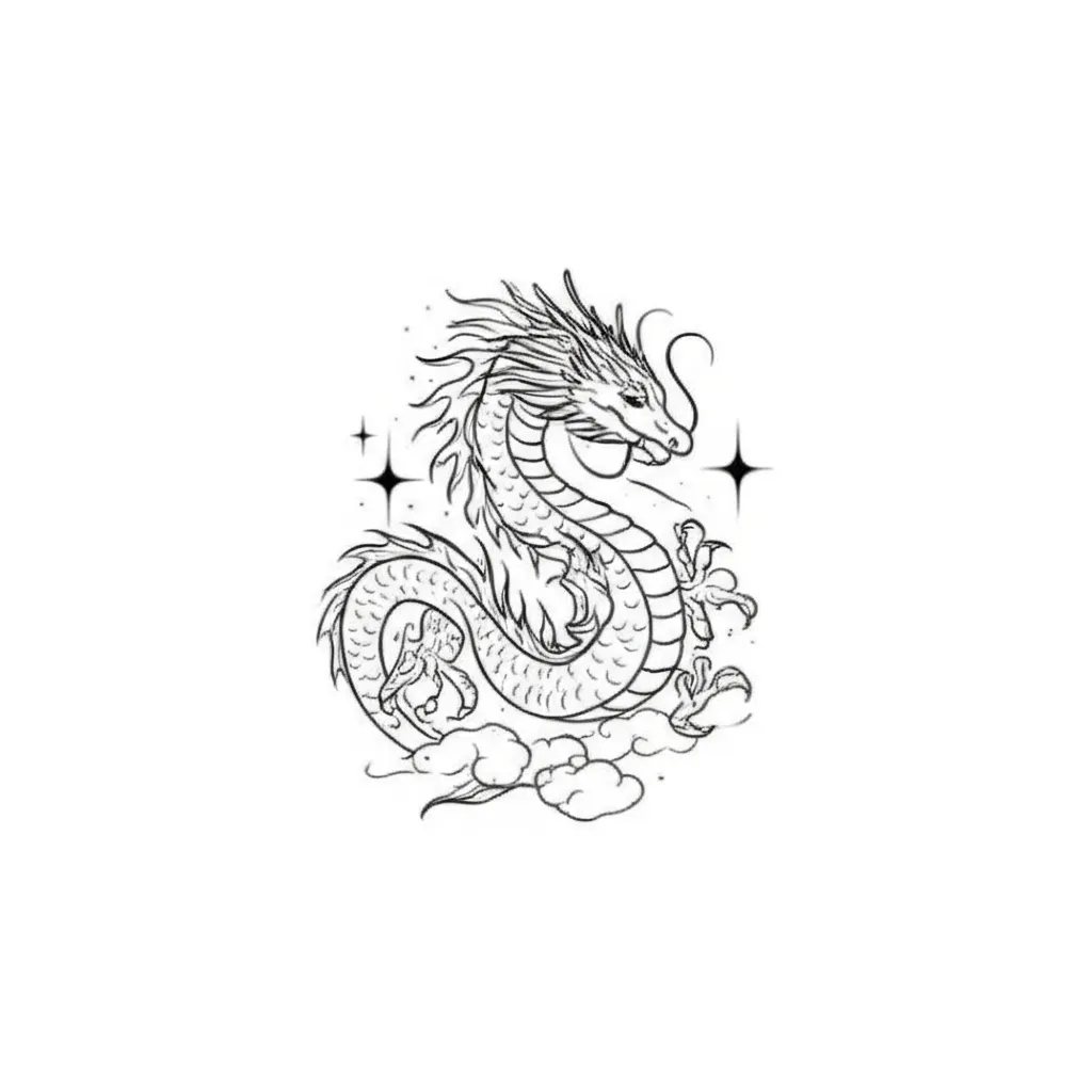 Minimalist Dragon Tattoo with Stars and Clouds Design Minimalist Dragon Tattoo with Stars and Clouds Design