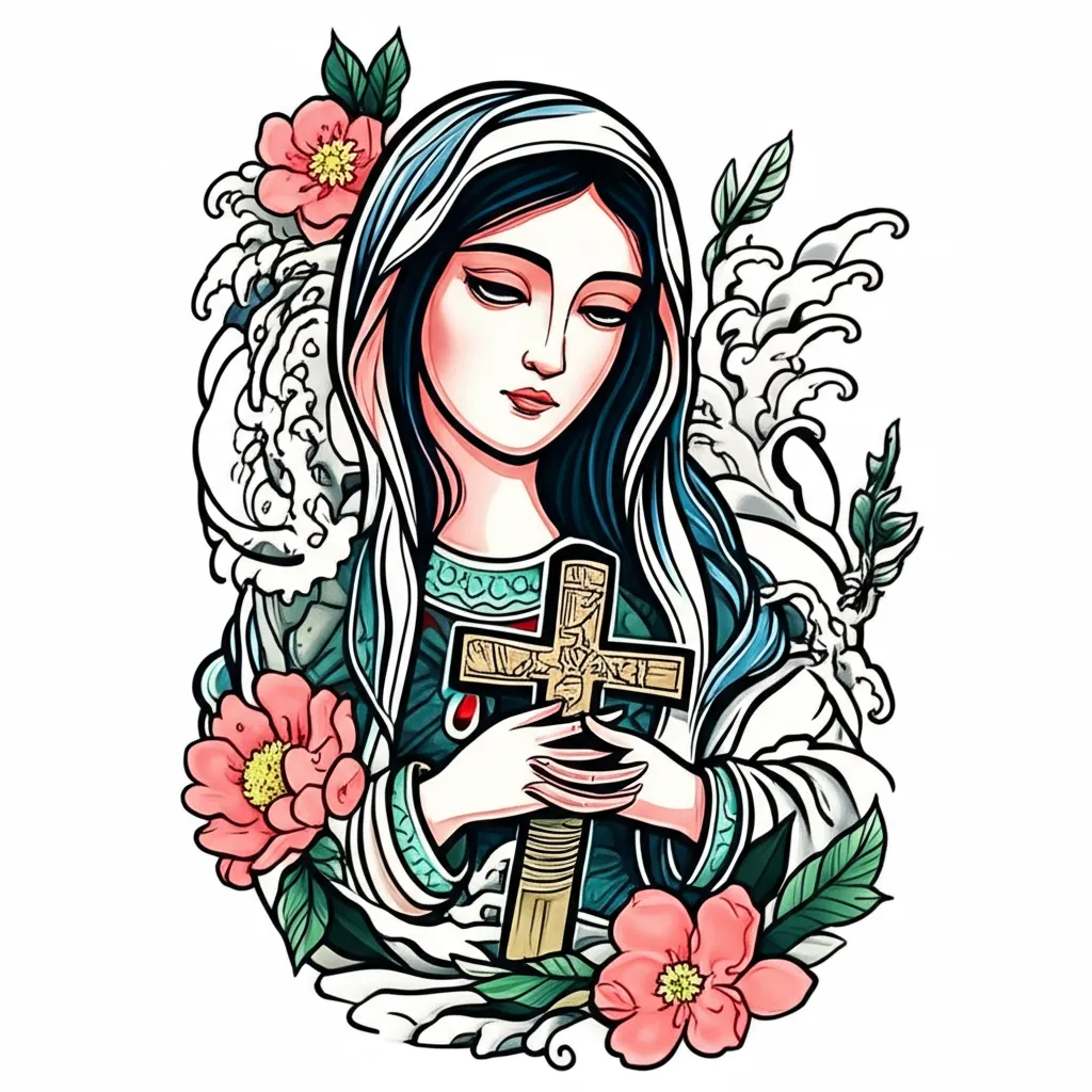 Virgin Mary with Cross Japanese Tattoo Design