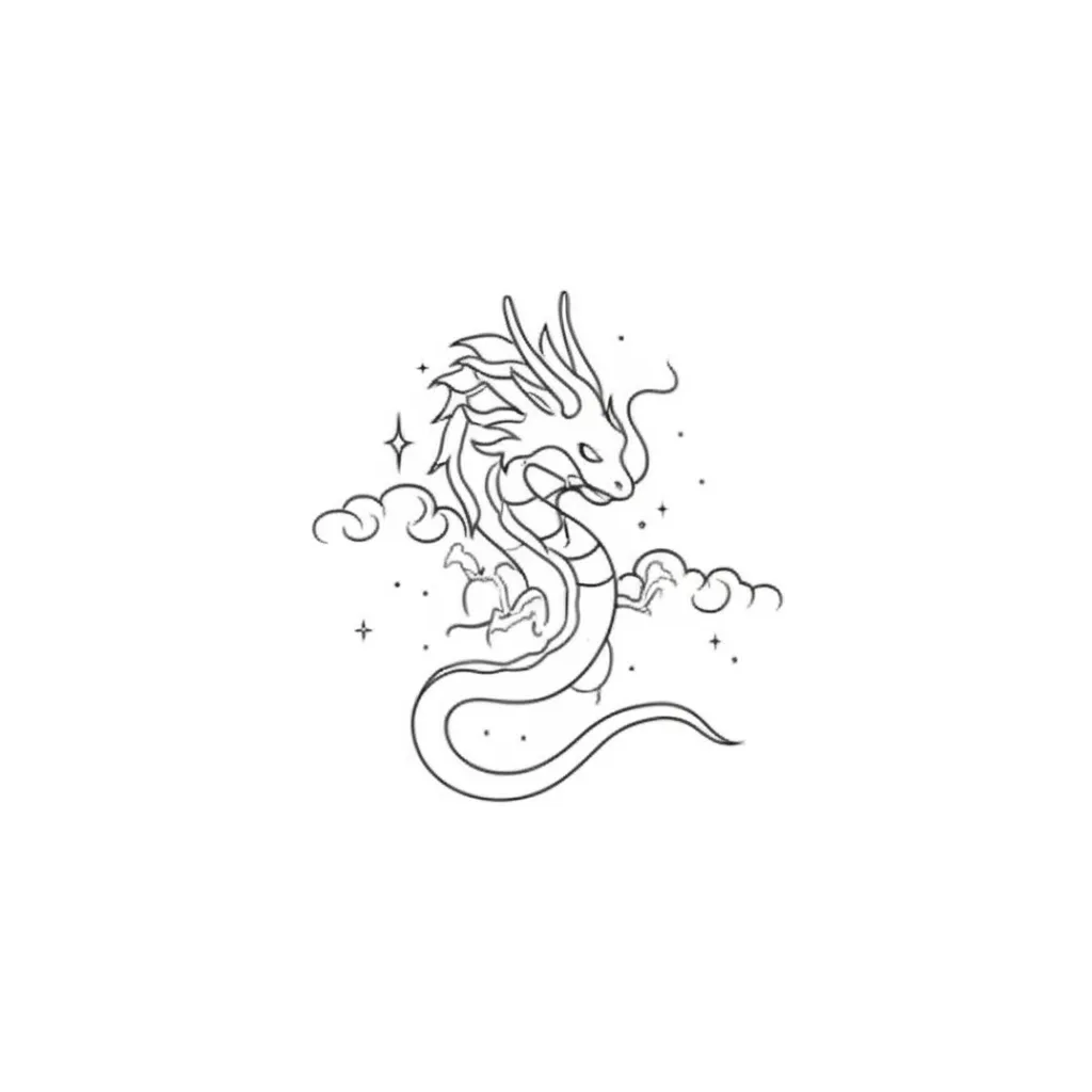 Minimalist Dragon Tattoo with Stars and Clouds Outline