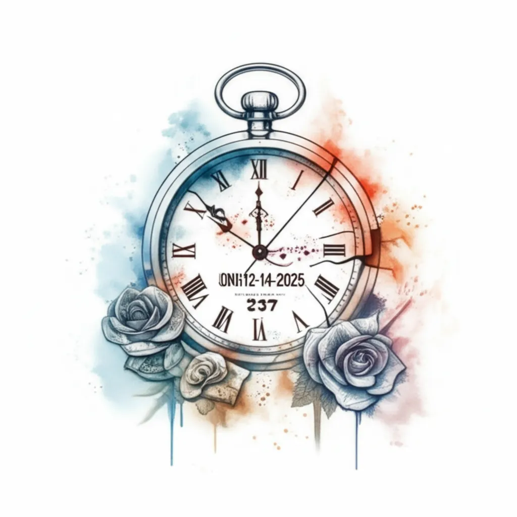 Watercolor Broken Clock Tattoo with Louisiana Outline & Money Roses Watercolor Broken Clock Tattoo with Louisiana Outline & Money Roses