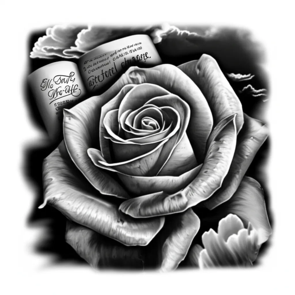 Realism Rose, Clouds and Bible Verse Tattoo Design Realism Rose, Clouds and Bible Verse Tattoo Design
