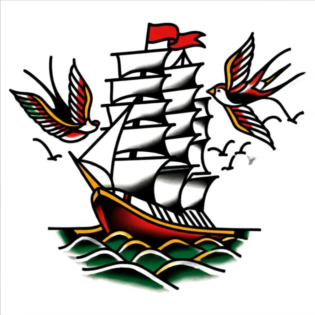 American Traditional Clipper Ship Tattoo with Swallows American Traditional Clipper Ship Tattoo with Swallows