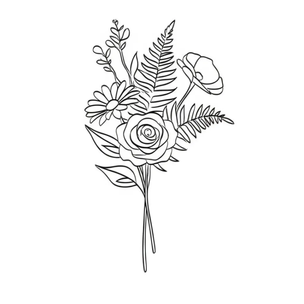Minimalist Flower Bouquet Tattoo: Daisy, Lily, Poppy, Rose & Fern