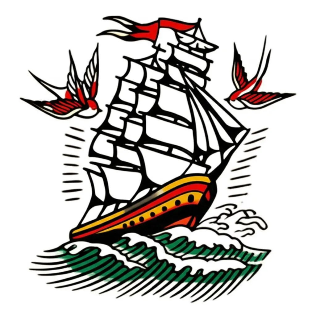 American Traditional Clipper Ship Tattoo with Swallows American Traditional Clipper Ship Tattoo with Swallows