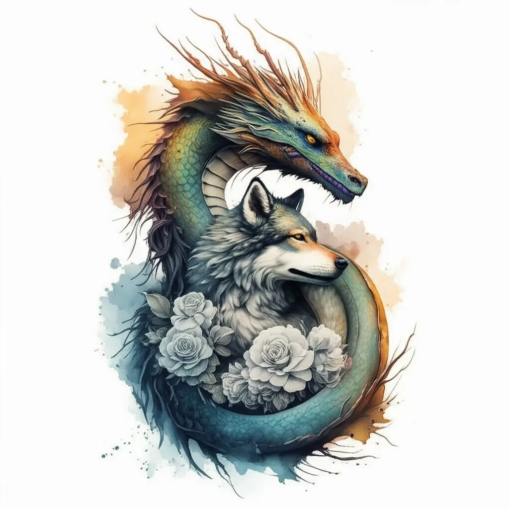 Watercolor Dragon, Wolf, and Roses Hip Tattoo Design