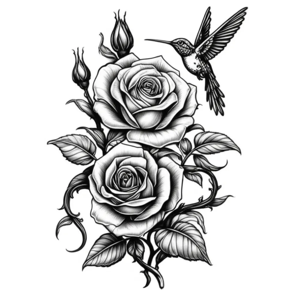 Gothic Roses and Hummingbird Tattoo Design