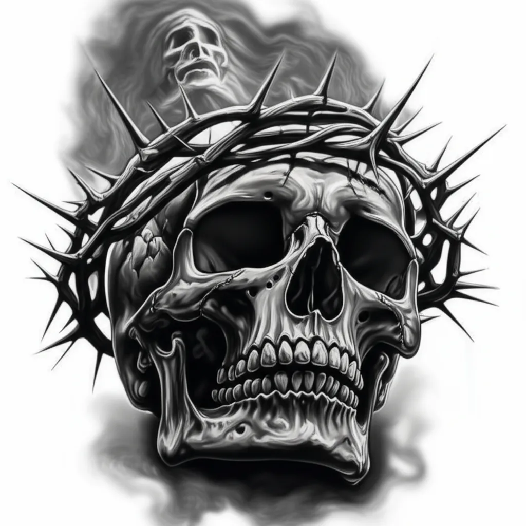 Realistic Skull with Crown of Thorns and Spirit Tattoo Design