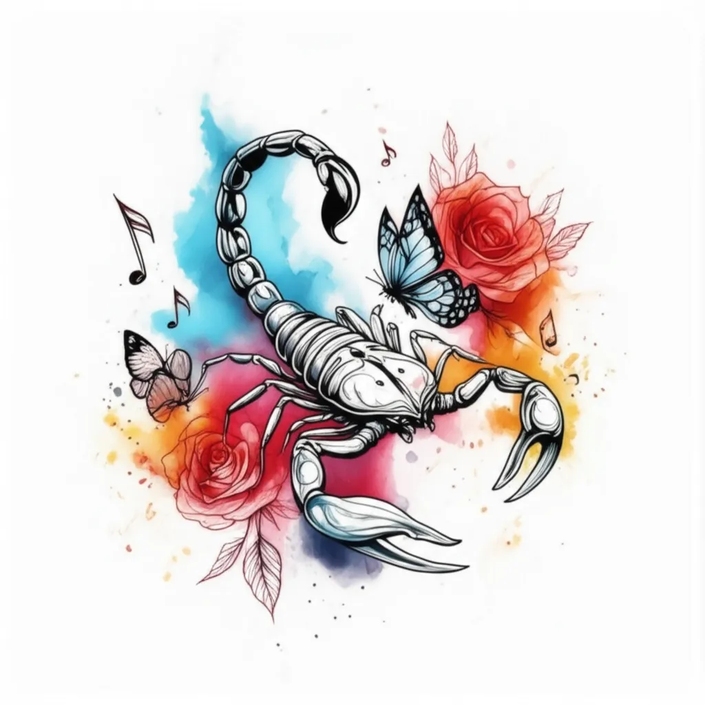 Watercolor Scorpio Tattoo with Roses, Butterflies, and Music Notes Watercolor Scorpio Tattoo with Roses, Butterflies, and Music Notes