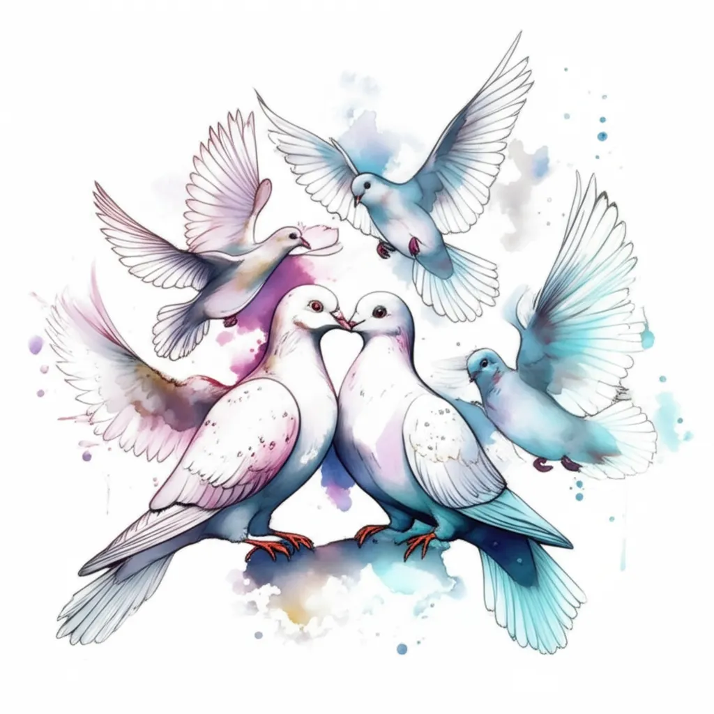 Watercolor Dove Tattoo Design: Kissing Doves with Flying Birds