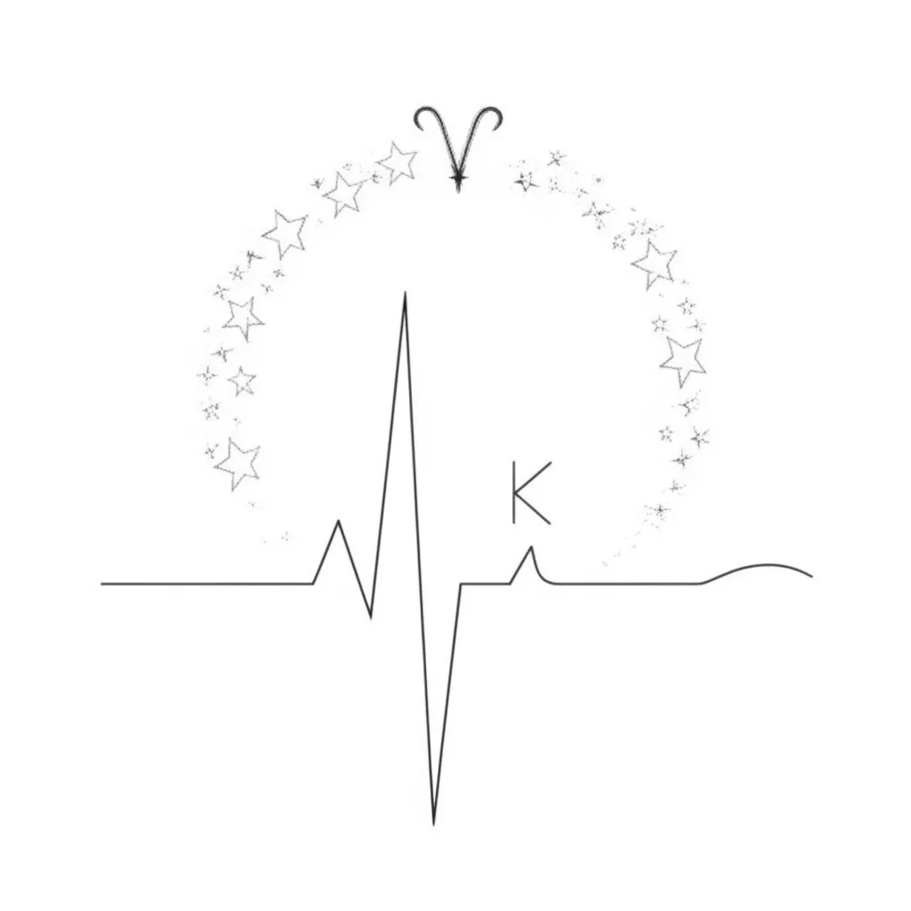 Minimalist Heartbeat Tattoo with Stars, Aries Sign, and Kevin's Initial Minimalist Heartbeat Tattoo with Stars, Aries Sign, and Kevin's Initial