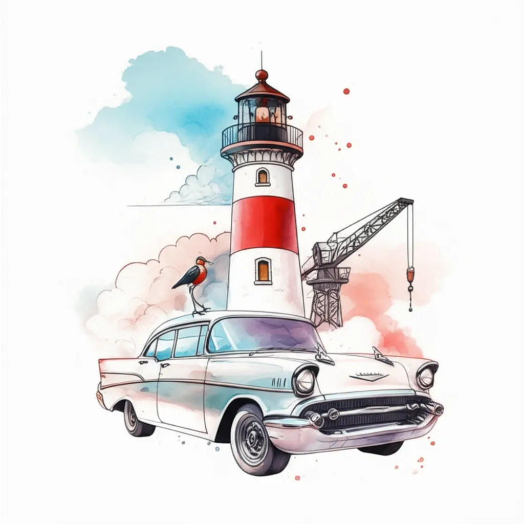 Watercolor Lighthouse & 1955 Chevy Belair Tattoo Idea