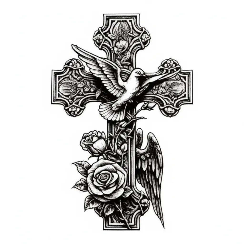 Gothic Cross Tattoo with Dove, Angel, and Rose Design