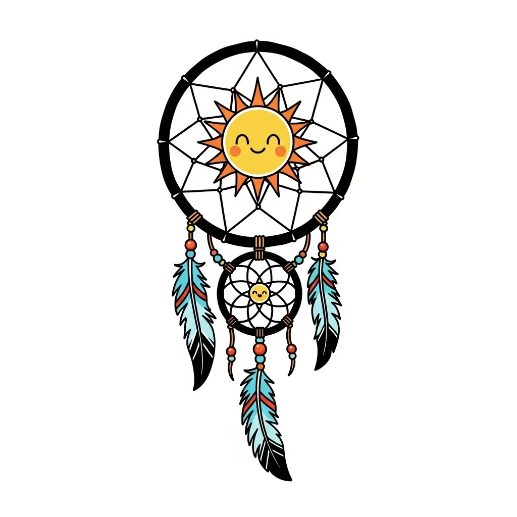 Dreamcatcher with Happy Sun Anime Style Thigh Tattoo