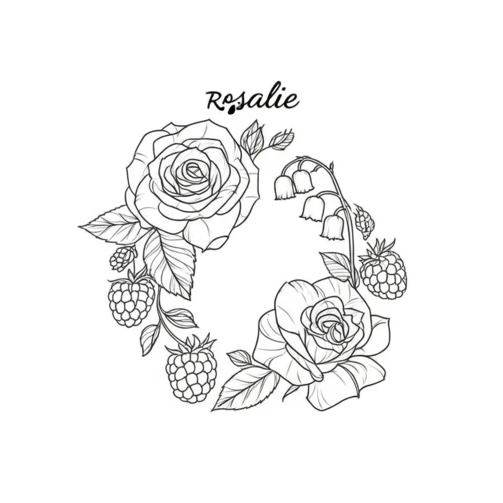 Minimalist Roses, Raspberries, Lily of the Valley & Rosalie Tattoo