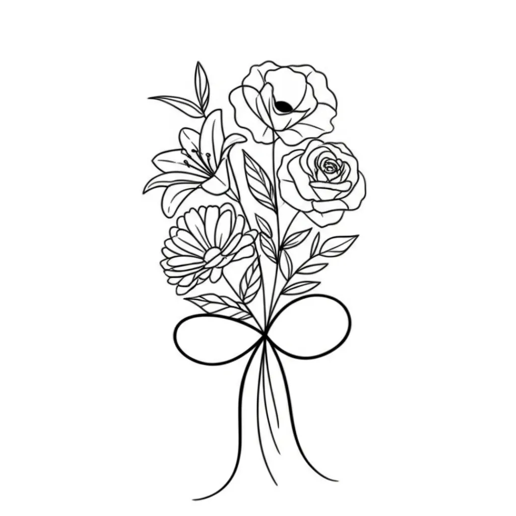 Minimalist Flower Bouquet Tattoo: Lily, Rose, Daisy, Poppy & Bow Minimalist Flower Bouquet Tattoo: Lily, Rose, Daisy, Poppy & Bow