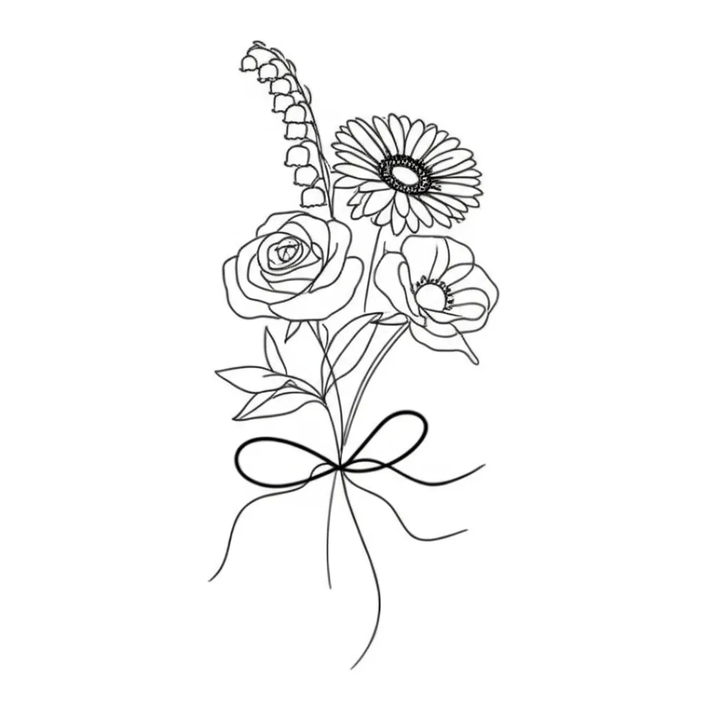 Minimalist Flower Bouquet Tattoo: Lily of the Valley, Rose, Daisy, Poppy Minimalist Flower Bouquet Tattoo: Lily of the Valley, Rose, Daisy, Poppy