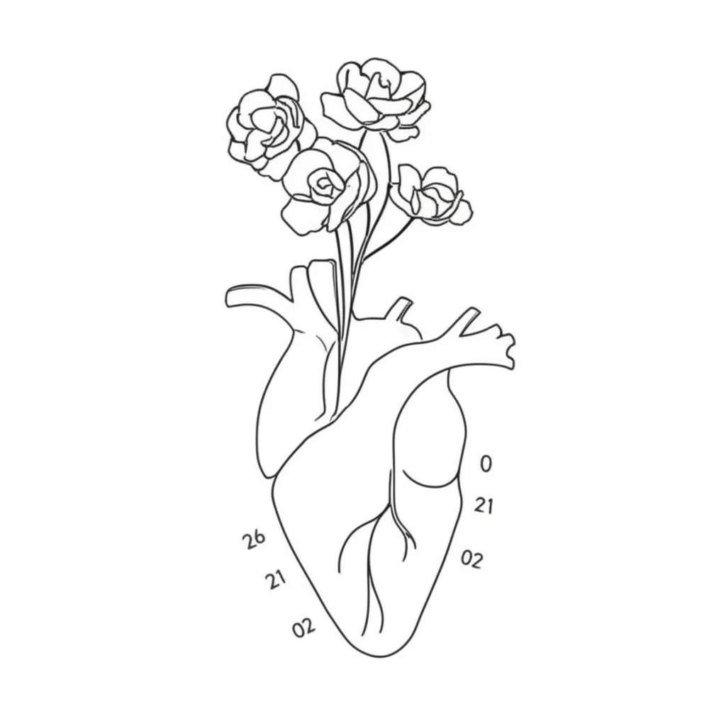 Minimalist Heart & Flowers Tattoo with Significant Numbers Minimalist Heart & Flowers Tattoo with Significant Numbers