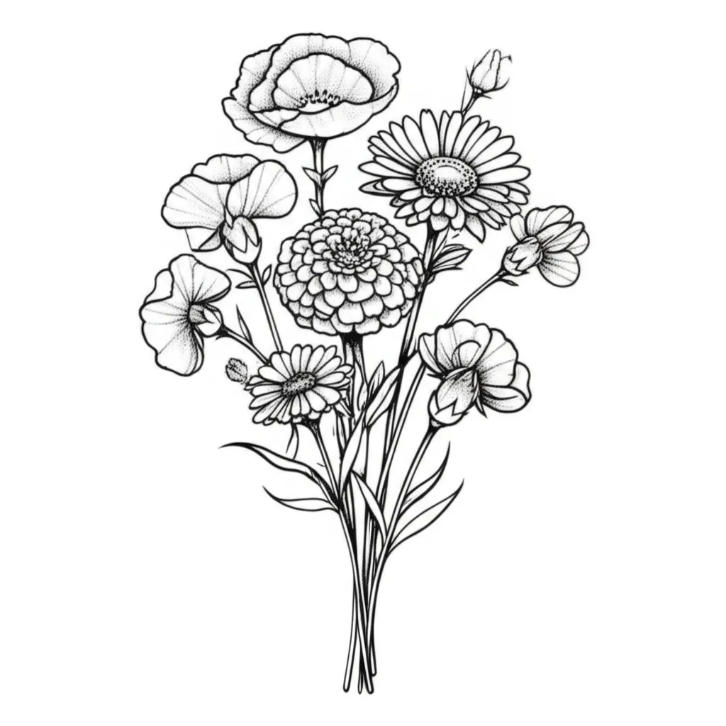 Birth Flower Bouquet Fine Line Tattoo Design
