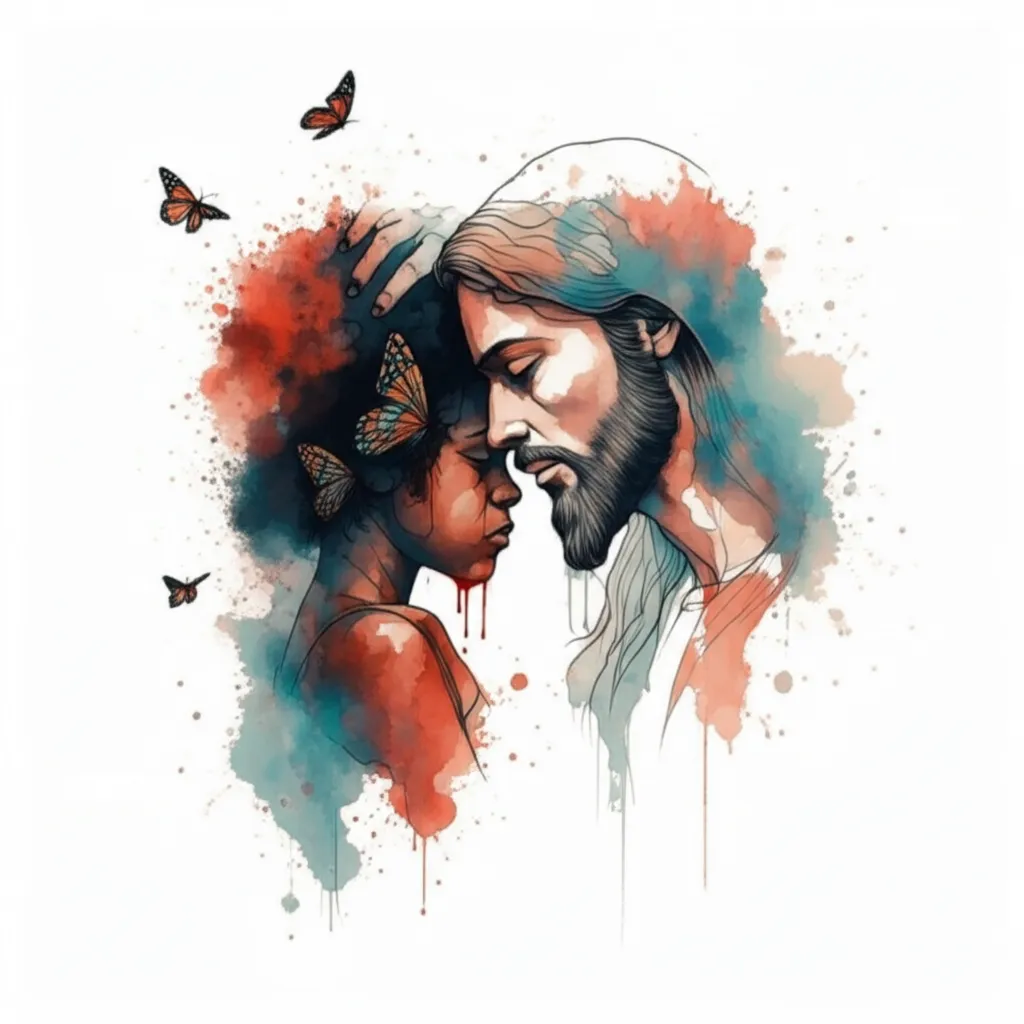 Watercolor Tattoo: Jesus Crowned Black Girl with Butterflies
