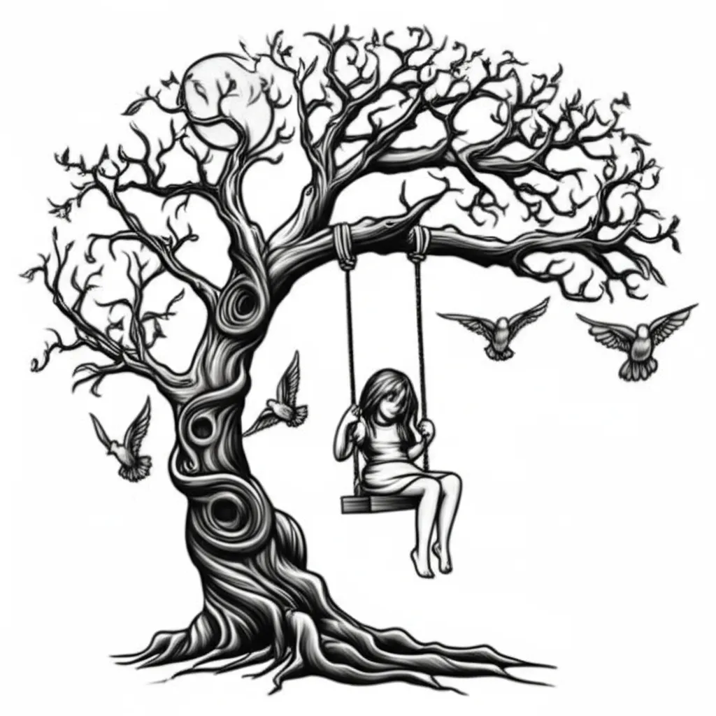 Gothic Dead Tree Tattoo with Girl on Swing - Forearm Design