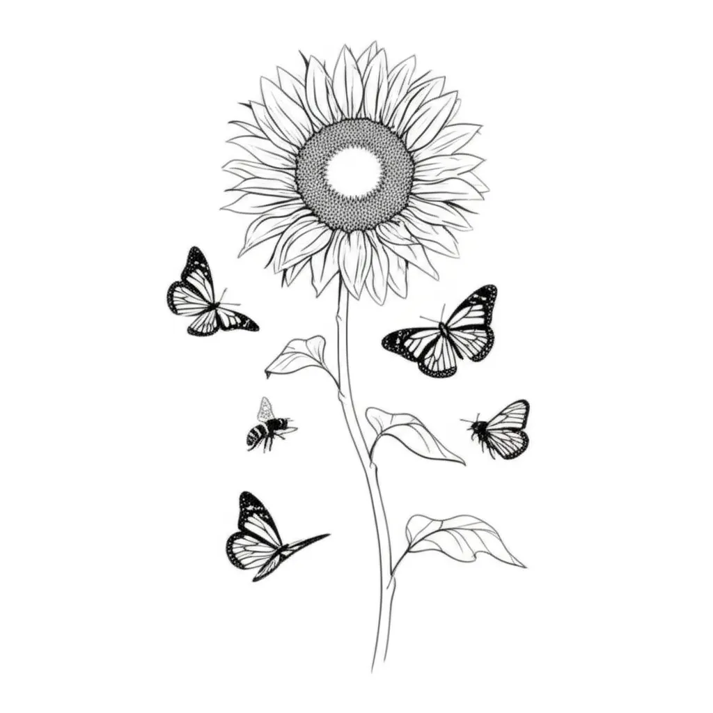 Minimalist Sunflower Tattoo with Butterflies and Bees Minimalist Sunflower Tattoo with Butterflies and Bees