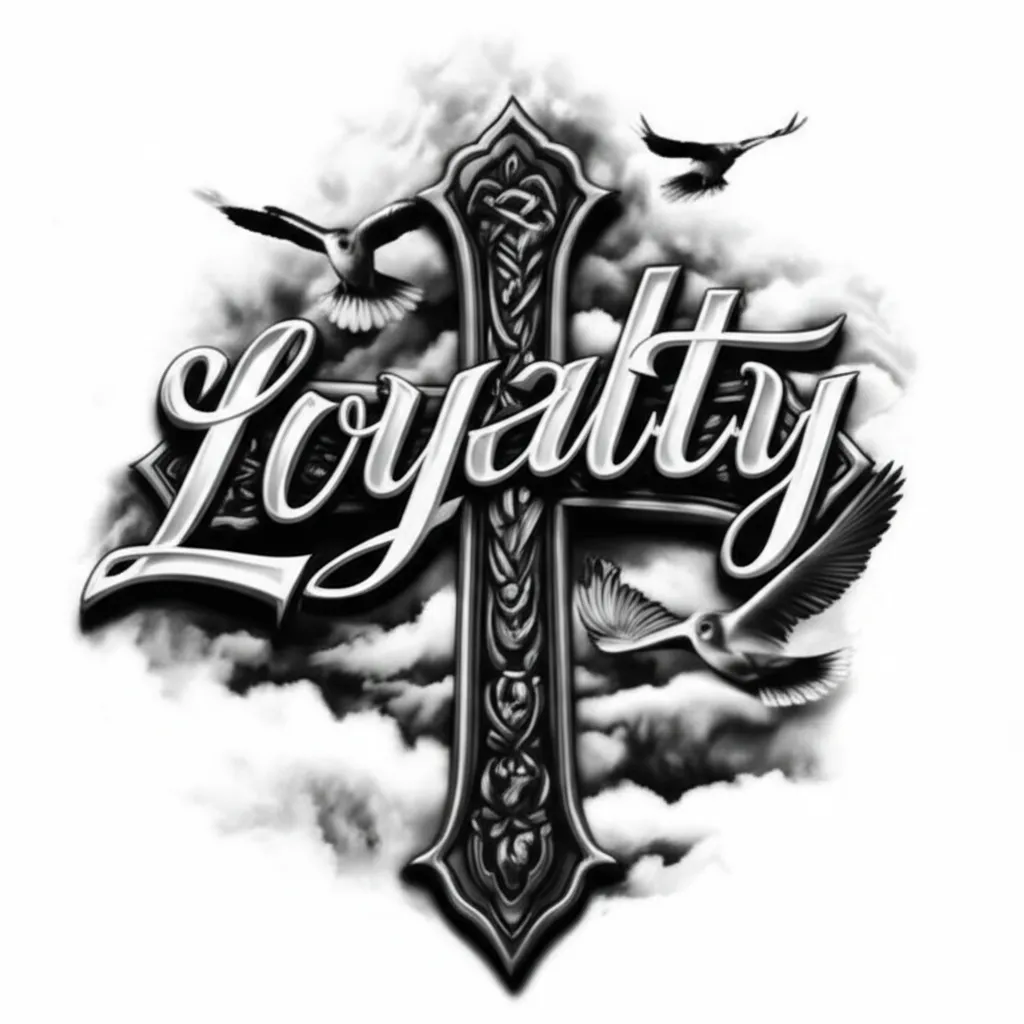 Loyalty Cross Tattoo with Birds and Cloud Background in Realism Style Loyalty Cross Tattoo with Birds and Cloud Background in Realism Style