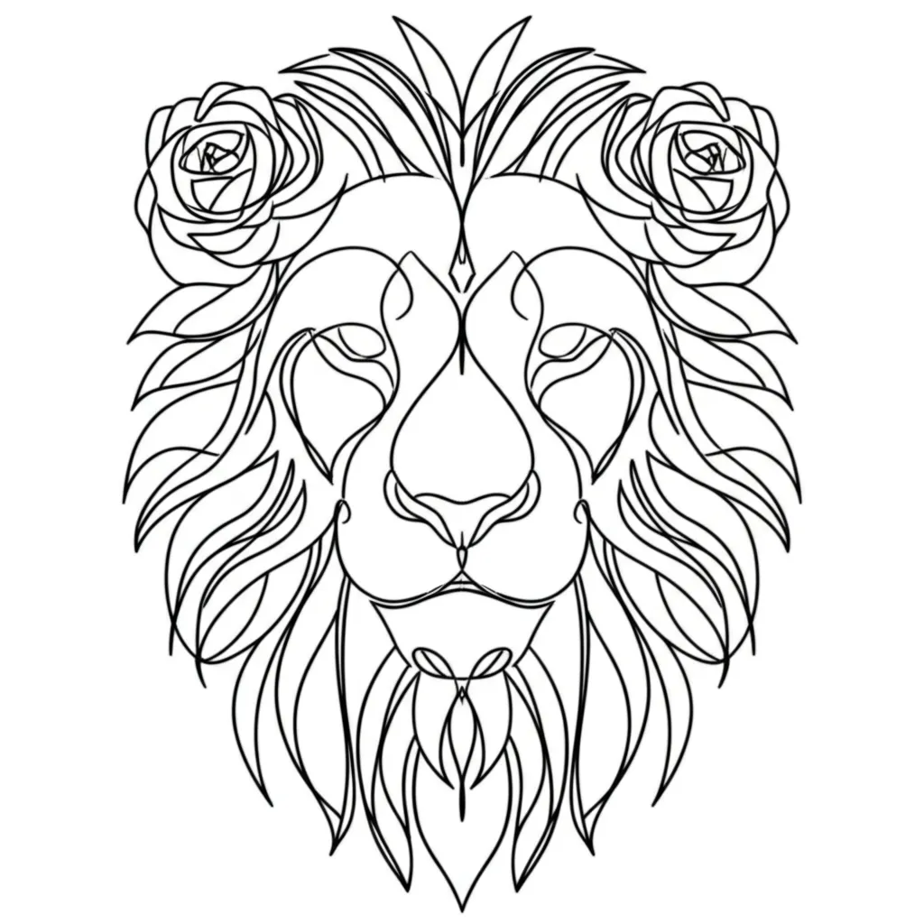 Minimalist Lion with Rose Vines Tattoo Design