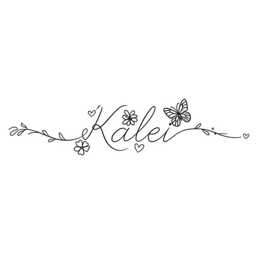Kalei Name Tattoo with Hearts, Flowers, and Butterfly - Minimalist Design