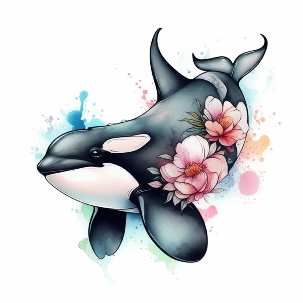 Watercolor Orca Tattoo with Floral Accents - Unique Design Watercolor Orca Tattoo with Floral Accents - Unique Design