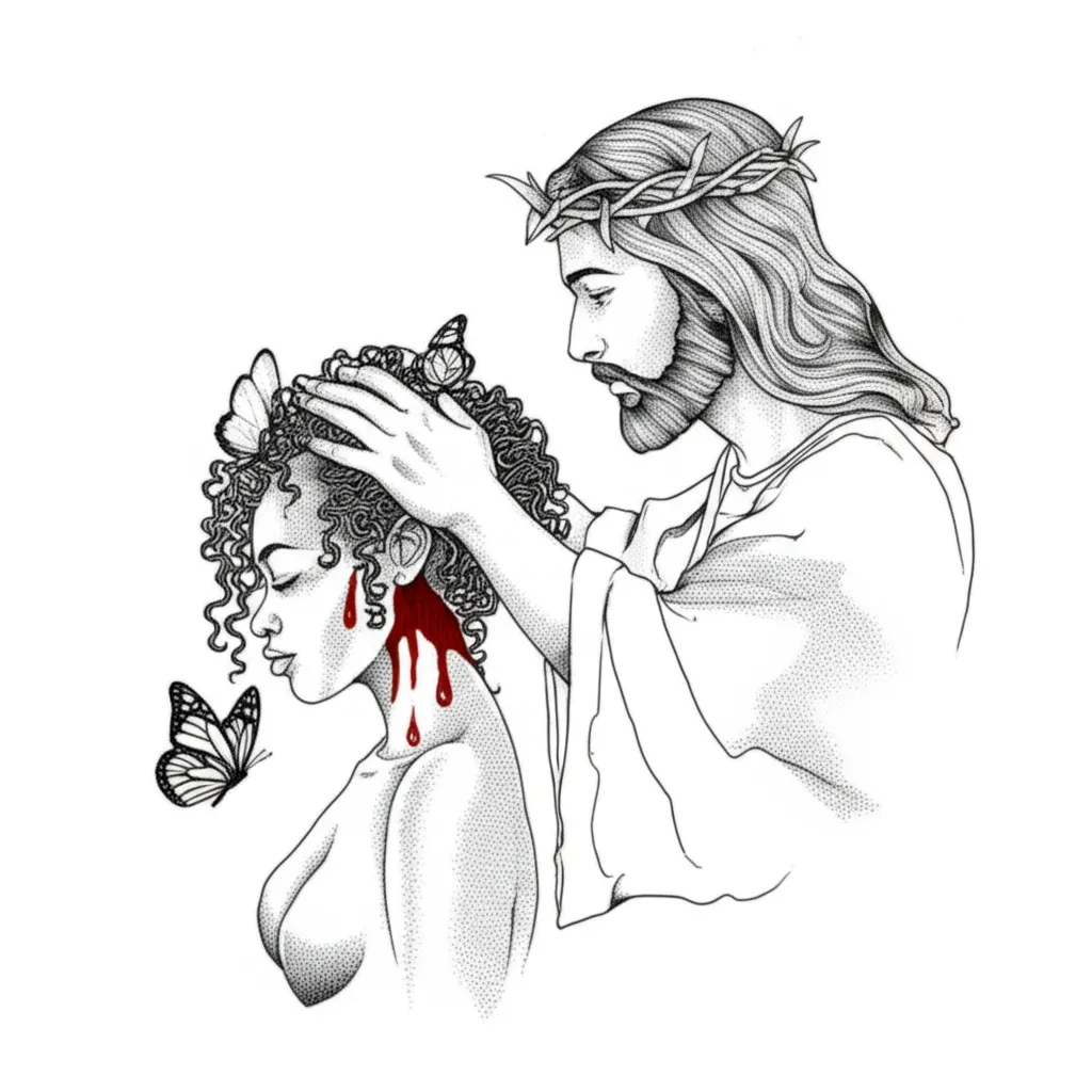 Jesus Crown Tattoo on Black Girl with Butterflies - Fine Line Art