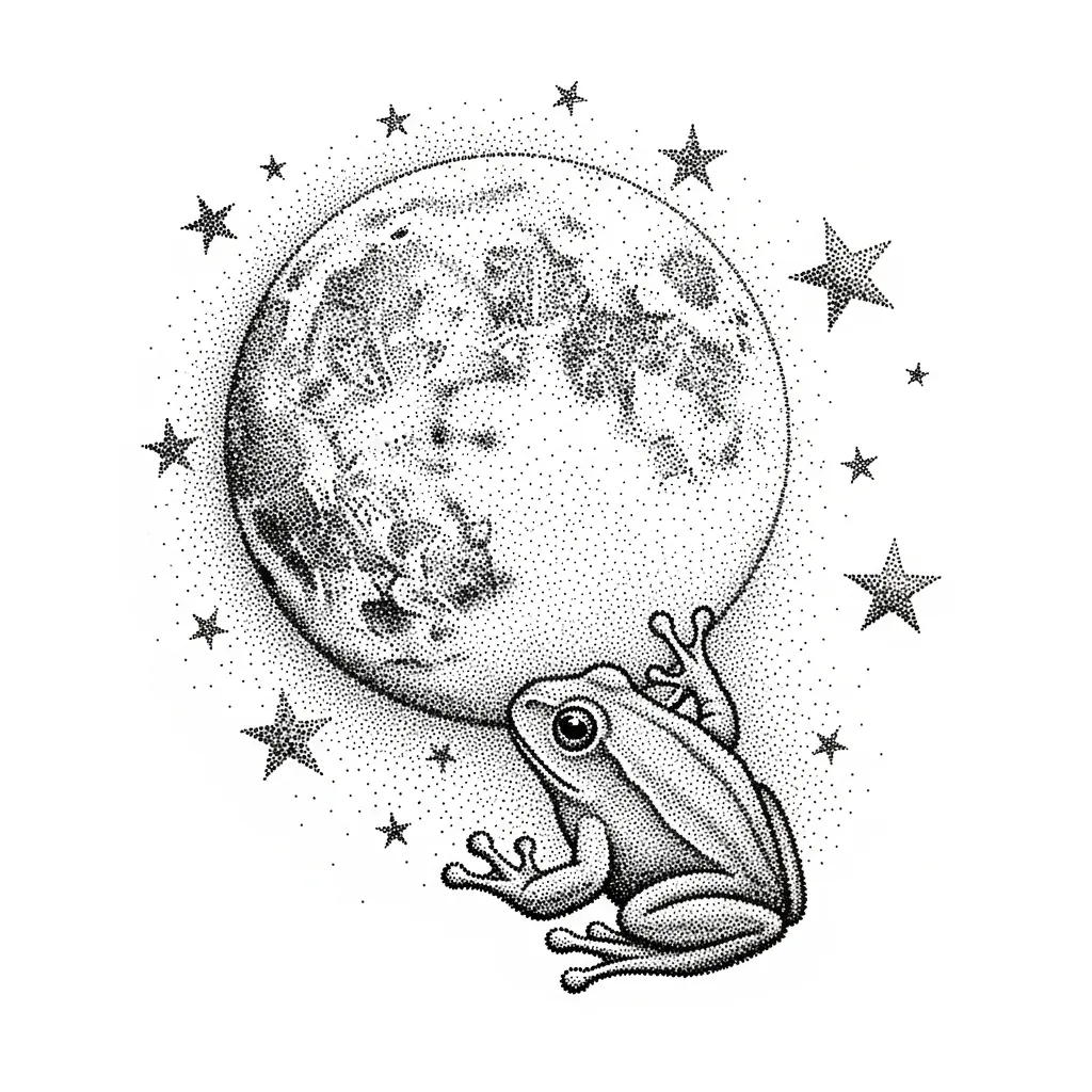 Dotwork Frog with Moon and Stars Tattoo Idea