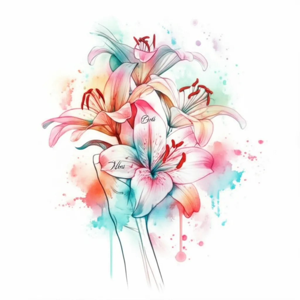Watercolor Lily Tattoo with Names on Forearm Watercolor Lily Tattoo with Names on Forearm