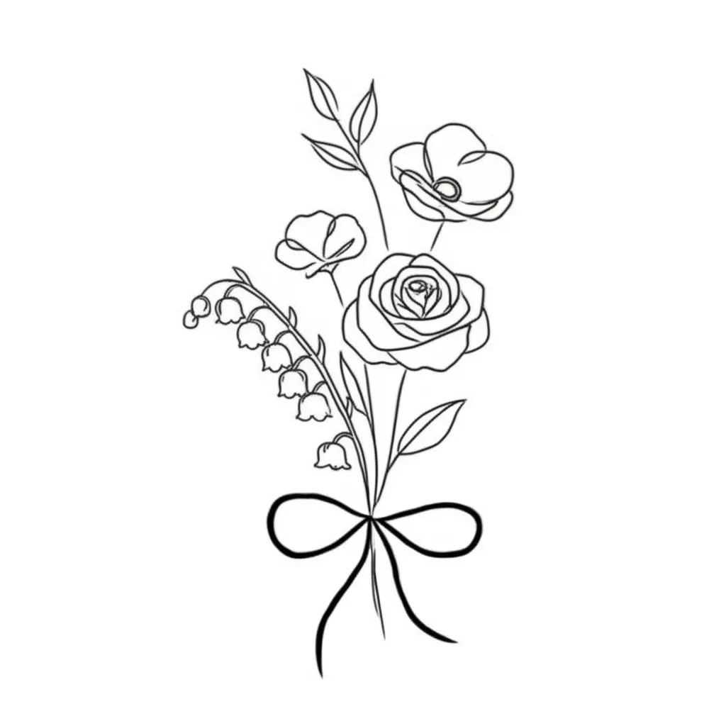 Minimalist Flower Bouquet Tattoo: Lily of the Valley, Rose, Daisy, Poppy & Bow Minimalist Flower Bouquet Tattoo: Lily of the Valley, Rose, Daisy, Poppy & Bow