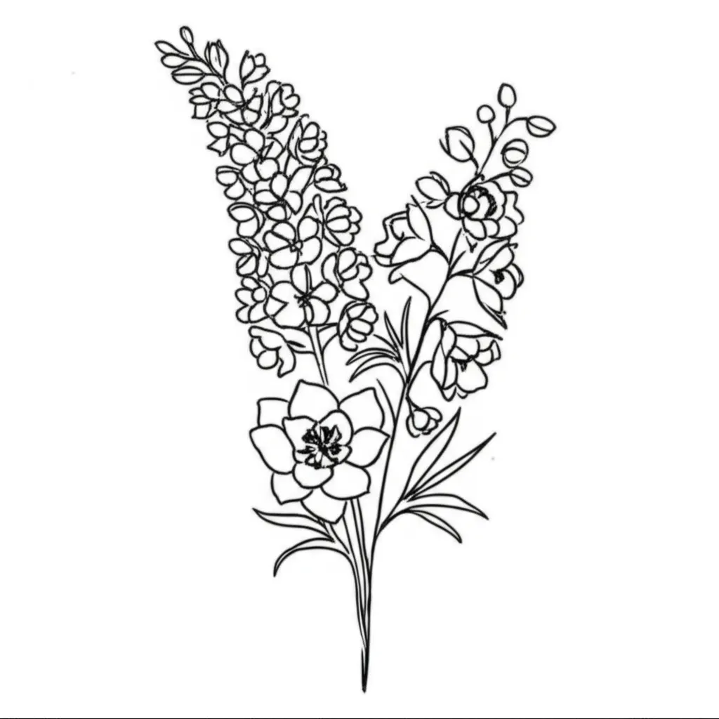 Minimalist Violet, Larkspur, and Paper White Flower Bouquet Tattoo Minimalist Violet, Larkspur, and Paper White Flower Bouquet Tattoo