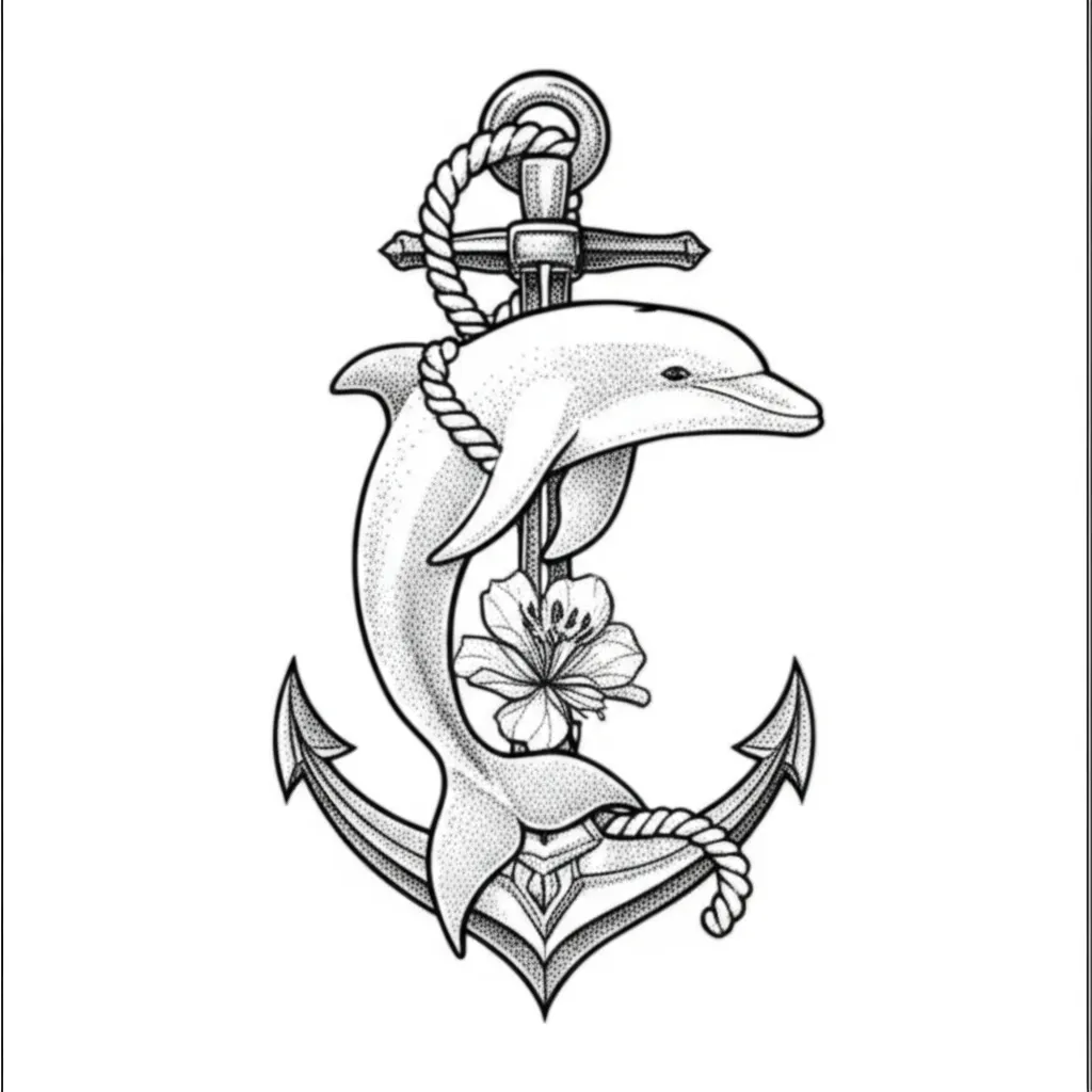 Fine Line Dolphin, Anchor and Flower Tattoo Design