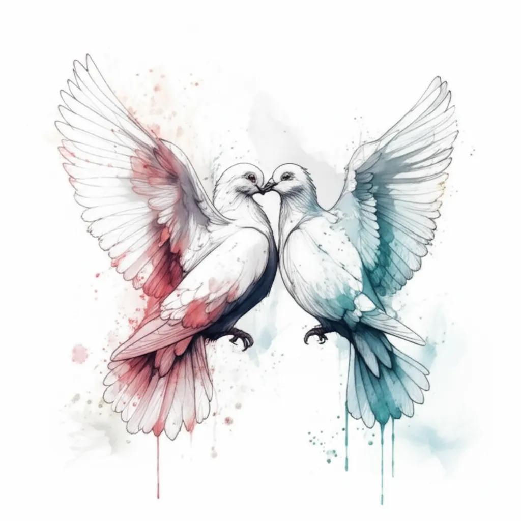 Watercolor Kissing Doves Tattoo Design - Symbol of Love