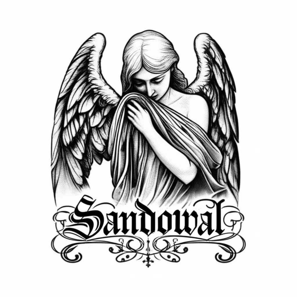 Sandoval Name Tattoo with Gothic Angel Design Sandoval Name Tattoo with Gothic Angel Design