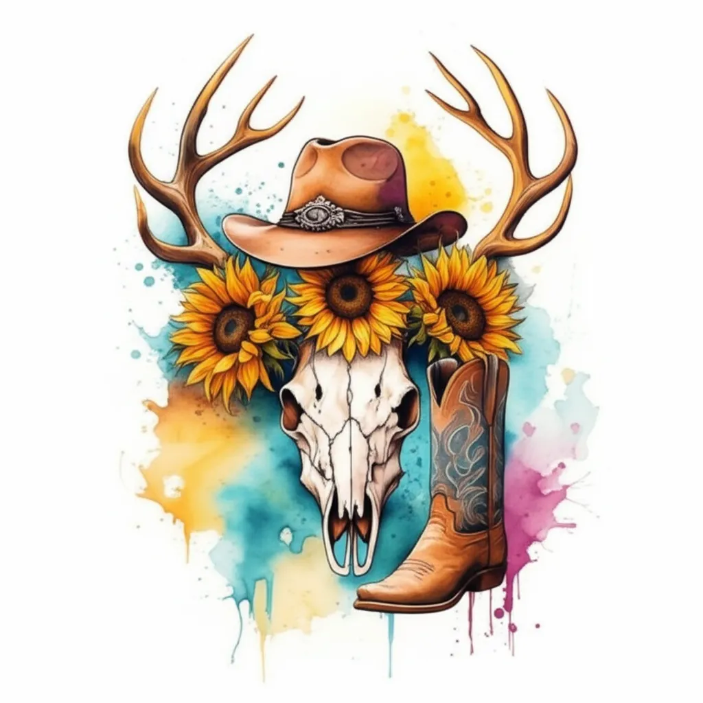 Watercolor Western Tattoo: Deer Skull, Sunflowers, Cowboy Boots & Hat Watercolor Western Tattoo: Deer Skull, Sunflowers, Cowboy Boots & Hat