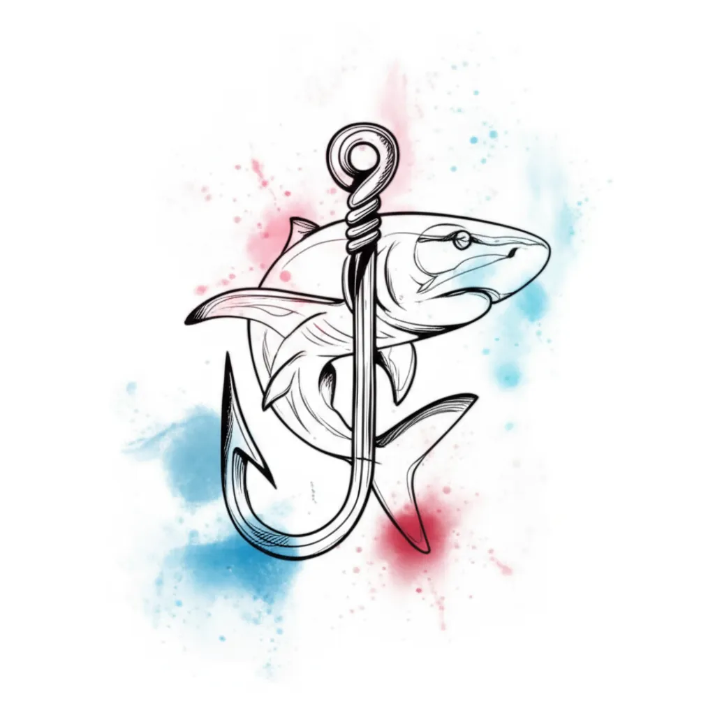 Watercolor Shark and Fish Hook Tattoo Idea Watercolor Shark and Fish Hook Tattoo Idea