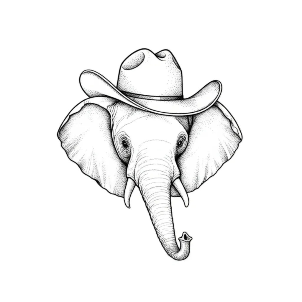 Fine Line Cartoon Elephant Cowgirl Hat Tattoo Idea
