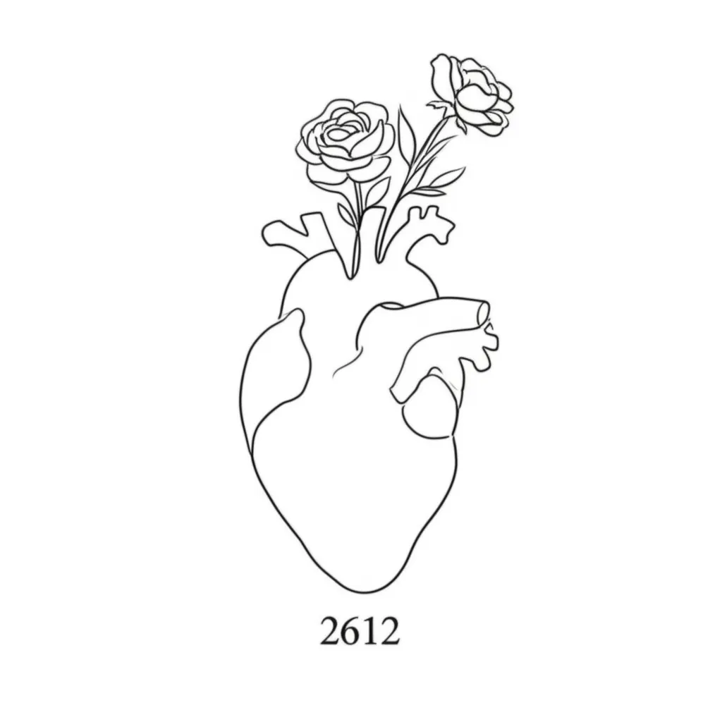 Minimalist Heart and Flowers Tattoo with 2612 Numerals Minimalist Heart and Flowers Tattoo with 2612 Numerals
