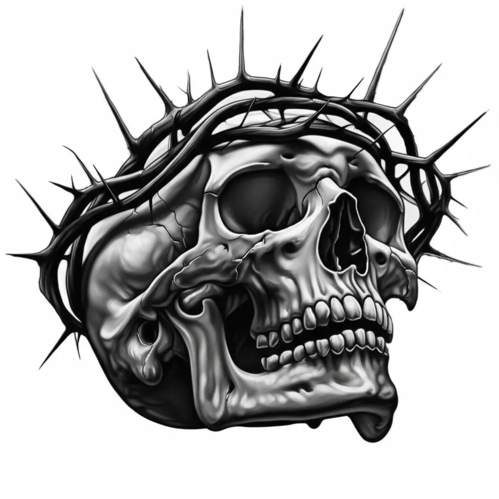 Realistic Skull with Crown of Thorns Tattoo Design