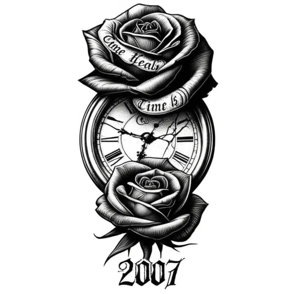 Gothic Rose and Broken Clock Tattoo: Time Heals Design