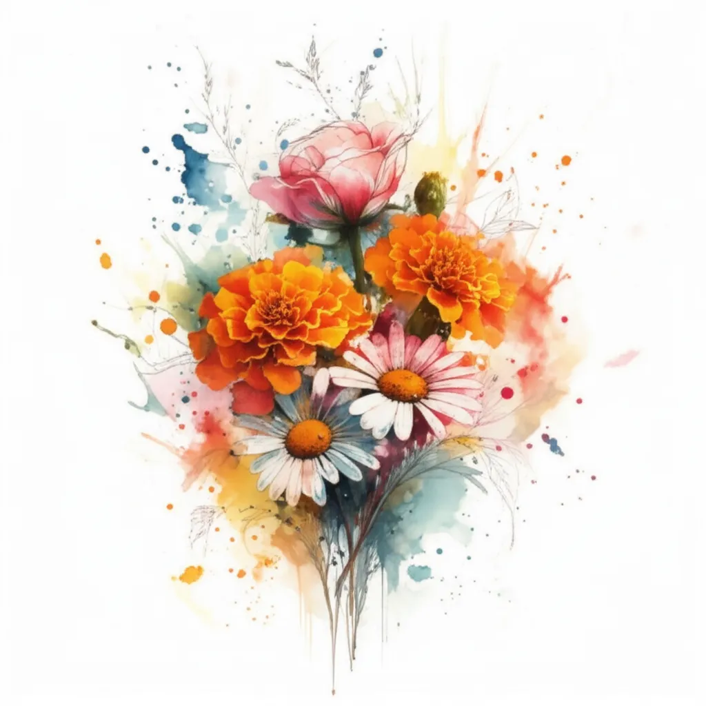 Watercolor Shoulder Tattoo with Marigolds, Roses, and Daisies Watercolor Shoulder Tattoo with Marigolds, Roses, and Daisies